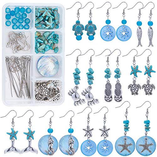 SUNNYCLUE 1 Box DIY 10 Pairs Starfish Mermaid Turquoise Earring Making Starter Kit Ocean Beach Summer Theme Earrings Synthetic Turquoise Beads Turtle Fish Crab Slipper Charm for DIY Jewelry Making - color: Ocean Earrings 4