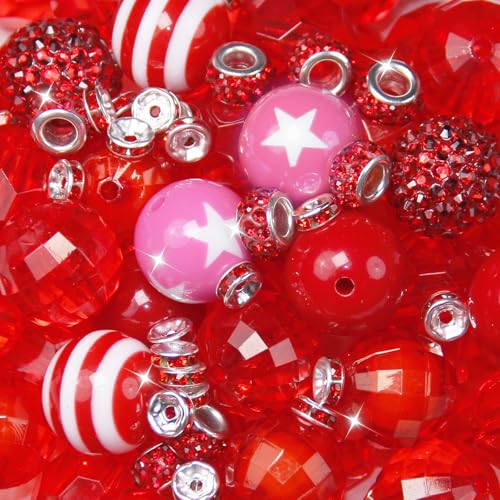 106Pcs 20mm Beads for Pens Making with Rondelle Spacer Beads Red Acrylic Focal Bubblegum Bead Crystal Round Sparkly Chunky Bead for Pens Beadable Keychain Necklace DIY Craft Jewelry Making Supplies - color: Red