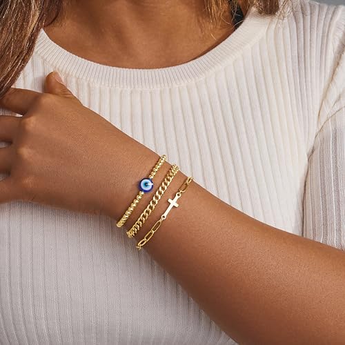 Gold Bracelets Set for Women Stack, Chunky Thick Bracelets Stack for Women Trendy, Simple Dainty Thin Gold Plated Cuff Stackable Bracelets With Beaded Cuban Paperclip Snake Rope Bangle Hand Chain Jewelry - style: Style 13-gold