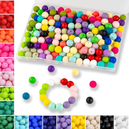 MAIBAOTA 120 Pcs Silicone Beads 24 Colors 15 mm Silcone Beads for Keychain/Bracelet/Pens Making Mixed Color Round Focal Rubber Beads for Crafts Making(with Boxed Kits) - color: Multicolor