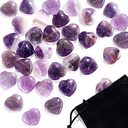 Patelai 24 Pcs Amethyst Heart Crystals Purple Heart Shaped Stones Natural Healing Worry Stones Mini Pocket Gemstone with Black Flannelette Bag for Valentines Gift Reiki Balancing - color: Purple