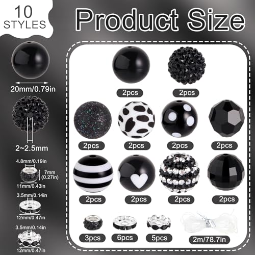 35 Pcs Chunky Bubblegum Beads 20mm Focal Pen Large Rhinestone Pearl Bead with Rhinestone Large Hole European Spacer Bead for DIY Beadable Pen Jewelry Making Keychain Craft Making(Black) - color: Black