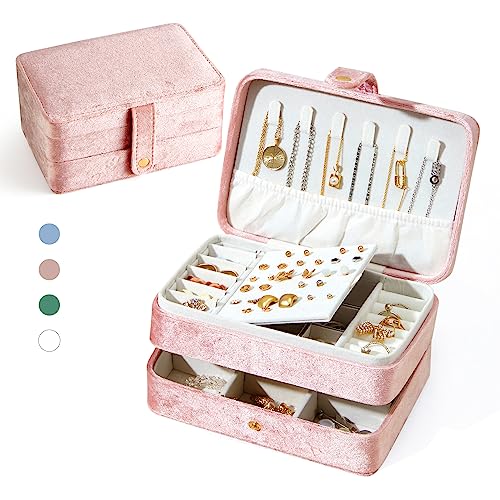 Velvet Small Jewelry Box for Women Girls, Double Layers Travel Portable Jewelry Case for Ring, Pendant, Earring, Necklace, Bracelet Organizer Storage Holder Boxes, Pink - color: Velvet-Pink