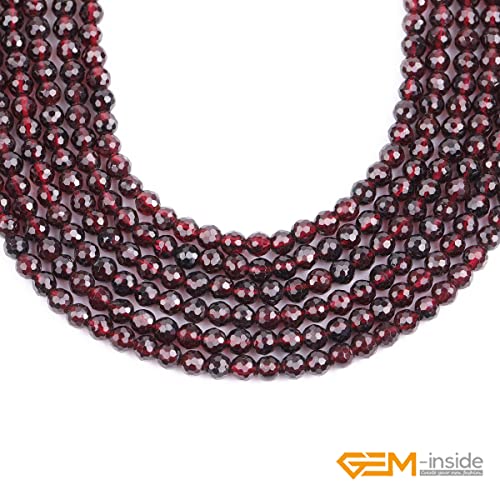 GEM-Inside Natural 4mm AAA Red Garnet Gemstone Faceted Round Stone Loose Beads Crystal Energy Power for Jewelry Making 15"