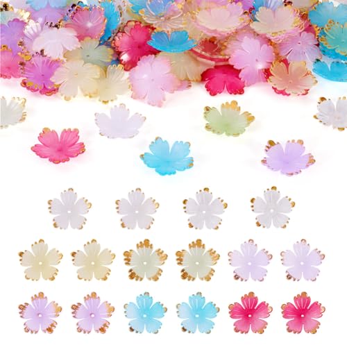 Beadthoven 120Pcs Flower Acrylic Bead Caps Colorful Cherry Blossom Flower Beads with Golden Metal Enlaced 5-Petal Flower Loose Spacers Bead for Earrings Bracelet Necklace DIY Crafts Supplies - color: Cherry Blossom-Colorful