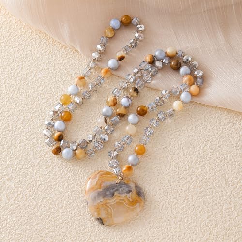 Long Necklaces for Women Boho, Oval Waterdrop Turquoise Pendant, Natural Stone Beaded, Handmade,Vintage & Elegance, Boho Fashion Charm Beaded Necklace for Women - style: G-Tan Agate Pendant