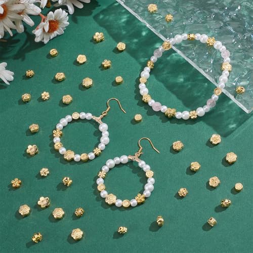 PH PandaHall 100Pcs 10 Styles Metal Flower Beads Golden Spacer Beads Floral Loose Charm Bead Blossom Flower Flat Round Loose Bead Spacers for Bracelet Jewelry Making, 5.5~8mm