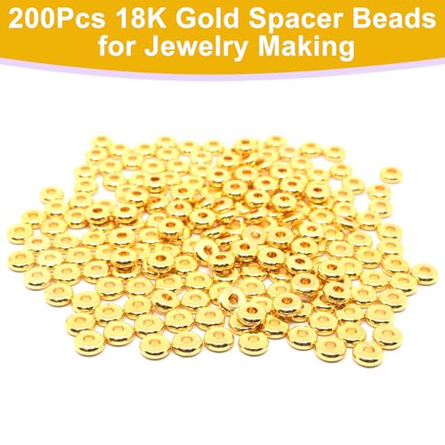 200Pcs 6mm Gold Flat Spacer Beads 18K Gold Plated Loose Beads for Jewelry Making DIY Bracelet Necklace Earring - size: 6mm