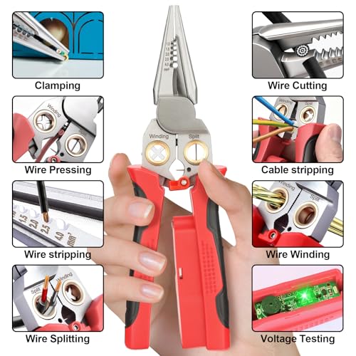 Pro 8-in-1 Wire Stripping Pliers with Voltage Tester for Live/Neutral Wires 12–250V, Needle Nose Pliers, Wire Cutter, Crimper and Wire Twister, Heavy Duty Electrical Tool for Electricians(Red)