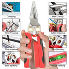 Pro 8-in-1 Wire Stripping Pliers with Voltage Tester for Live/Neutral Wires 12–250V, Needle Nose Pliers, Wire Cutter, Crimper and Wire Twister, Heavy Duty Electrical Tool for Electricians(Red)