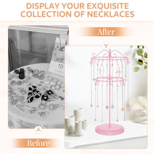 iDavosic.ly 2 Tier Rotating Necklace Holder Organizer with 42 Hooks, Adjustable Metal Bracelet Display Stand Rack, Extra Tall Keychain Spinning Tree Tower for Women, Pink - color: Candy Pink