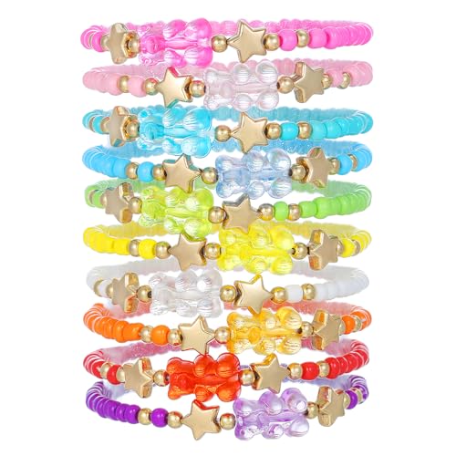 Friendship Bracelets Boho Stackable Bracelets for Women Surfer Heishi Clay Bead Bracelets Stretch Preppy Bracelets Colorful Boho Bracelets for Women - color: 10pcs Candy Bear