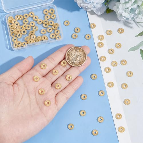 BENECREAT 100Pcs Real 18K Gold Plated Spacer Beads, 7.5x2mm Flower Metal Spacer Beads Heishi and Rondelle Bead for Jewelry Making Findings and Craft Work, Hole: 2mm