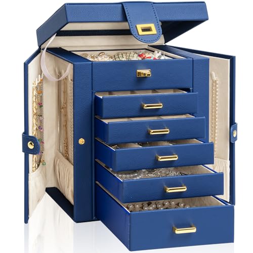 AKOZLIN Jewelry Box Organizer Functional Leather Jewelry Storage Case for Women Girls Ring Necklace Earring Bracelet Holder Organizer with Mirror Blue - color: Blue, size: Regular