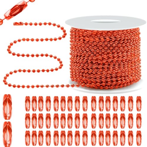 Bijou Joon 30 Ft Red Bead Chain 2 MM Small Ball Chain Roll Bead Ball Chains Necklace Beaded Pull Chains Dog Tag Link Metal for Jewelry Making Craft Bracelet Charm 50 Connectors Clasp - color: Red