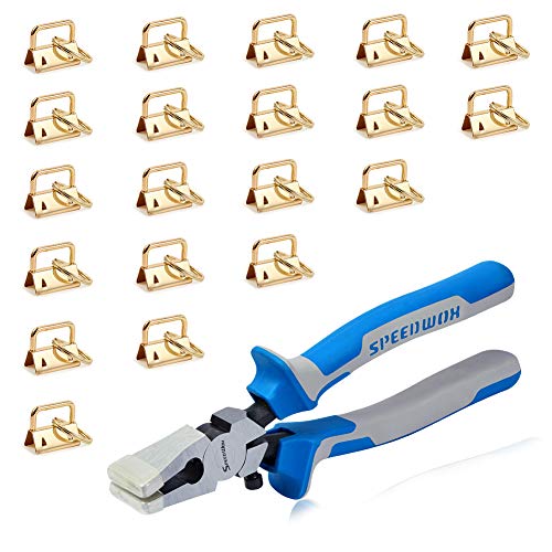 SPEEDWOX Key Fob Pliers and 20 Sets 1 Inch Key Fob Hardware with Keychain Split Rings Webbing Fabric Strapping Wristlet Golden Set Glass Breaking Pliers Tools with Rubber Tips - size: 1" Golden