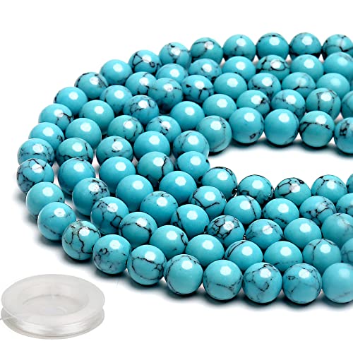 70PCS Natural 8MM Healing Gemstone, Blue Turquoise Energy Stone Round Loose Beads, Semi-Precious Crystal Beads with Free Elastic String for Jewelry Making DIY - color: Blue Turquoise, size: 8MM