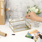 Hipiwe Glass Jewelry Display Box Gold Photo Organizer with Mirror Base Decorative Golden Box for Ring Earring Keepsake Makeup Treasure, 7.3 x 5.3 x 2 Inch - size: 7.3 x 5.3 x 2 Inch