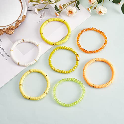 Ornaland 7Pcs Handmade Polymer Clay Heishi Surfer Stretch Bracelets Set Colorful Glass Beads Bracelets Boho Stackable Preppy Bracelets Wrist Jewelry for Women - color: Yellow
