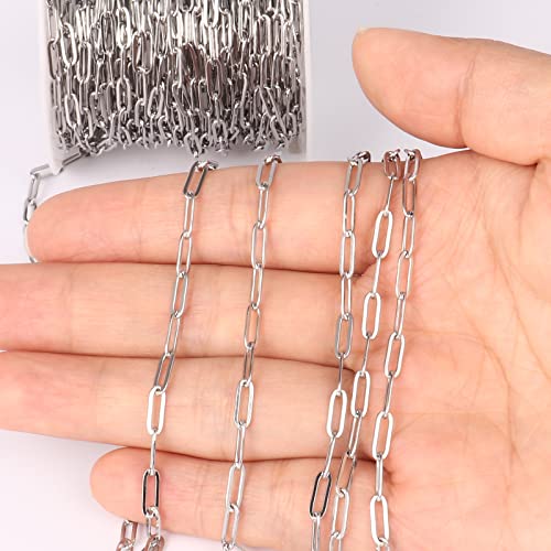 [33 Ft] Stainless Steel Paperclip Chains Roll, 3mm Width 304 Stainless Steel Oval Link Chains Spool Bulk for Jewelry Making - color: 3mm width