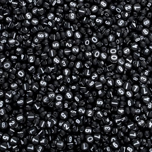 LAIDANLA 1000PCS Acrylic Number Beads White Number Black Round Bead 7×4mm for Jewelry Bracelets Necklaces Key Chains Making - color: Y-White Number Black Beads
