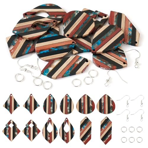 Beadthoven 52pcs Boho Wood Women Earring Making Kit, Striped Resin Earrings Charms Pendants Natural Wood Cutouts Pieces Wooden Earring Blanks with Earrings Hooks for DIY Jewelry Making Crafts - color: 0Striped DIY Earring Kit