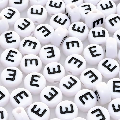 Amaney Vowel Letter Beads E 100pcs 7×4mm White Round Acrylic Black Alphabet for Jewelry Making - color: E