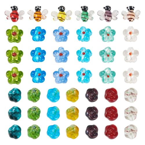 Beadthoven 45pcs Flower Bee Handmade Lampwork Glass Beads 3D Honeybee Rose Floral Glass Bead Charm Spring Summer Bumpy Murano Beads for DIY Earring Bracelet Necklace Jewelry Making - color: Bee Flower