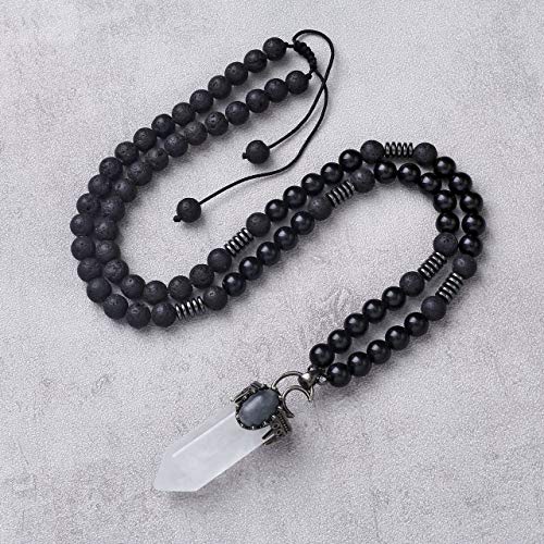 Top Plaza Natural Stone Healing Crystal Clear Quartz Hexagonal Pointed Gemstone Pendant Necklace Crescent Moon Jewelry Adjustable Lava Rock Beads Necklaces for Women Men
