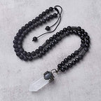 Top Plaza Natural Stone Healing Crystal Clear Quartz Hexagonal Pointed Gemstone Pendant Necklace Crescent Moon Jewelry Adjustable Lava Rock Beads Necklaces for Women Men
