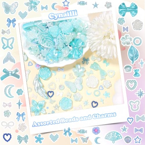 350 Pcs Junk Case Charms Blue 3D Resin ABS Rose Flower Bows Butterfly Charm with Bows Moon Heart Pearls Fun Beads Flatback Resin Charms for Craft DIY - color: color-S6