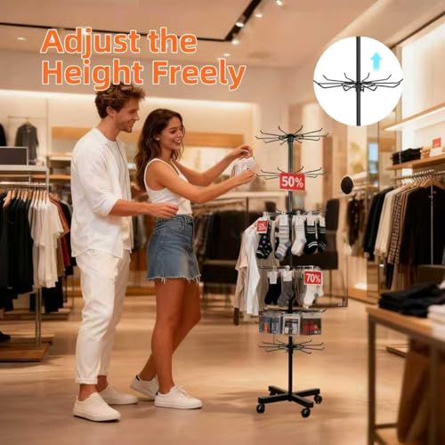 Retail Display Stand 7-Tier 360° Rotating Rack Shelves Retail Show Displays,Adjustable Height & Locking Wheel Store Display for Toys Jewelry Keyring Socking Hats Snacks Nail Accessories (Black,Metal)