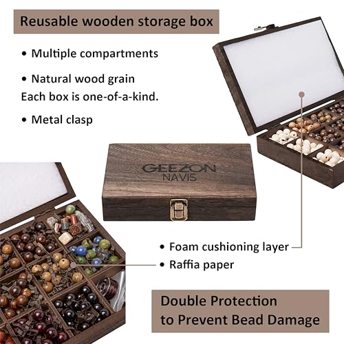 Geezon Navis Bracelet Making Kit - 10mm Natural Wooden Beads with Letters & Stone Beads - 296pcs in 16 Colors - DIY Jewelry Making Starter Kit Adult Men Women Birthday Mothers Day Gift Craft