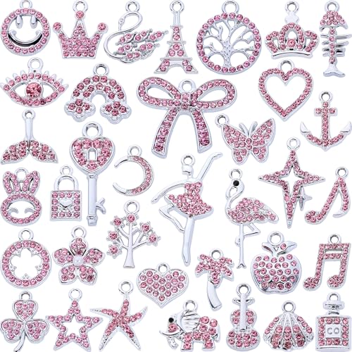 Silver-Tone Rhinestone Charms Set for DIY Jewelry Making - 36 PCS Assorted Metal Pendants for Bracelets, Necklaces, Earrings, Keychains - Elegant Craft Supplies, Gift Ideas for Jewelry Lovers - color: Pink