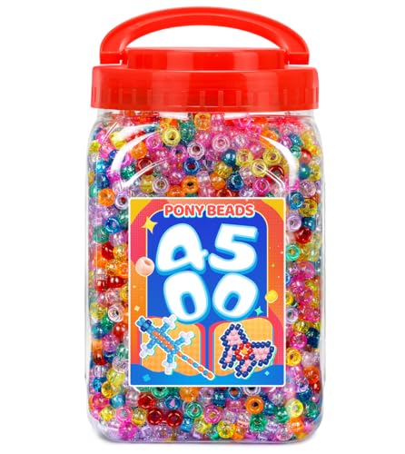 Bundooraking 4500pcs Pony Beads Bulk, 2.5lb Glitter Plastic Beads for Bracelets, Jewelry Making, Crafts, Hair Braiding, Keychains & DIY Projects with Handle Storage Bucket(6x9mm) - color: Glitter, size: Large[4500]