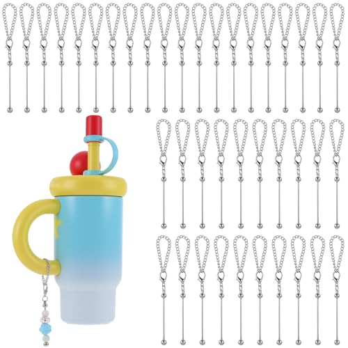40 Pcs Beadable Keychain Bars Bulk, Silver Keychain Bars for Beads with Beaded Cup Charms, Beaded Pokey Tools for Stanley Tumblers & Handle Cups, DIY Gift Pendant for Bottle Accessories