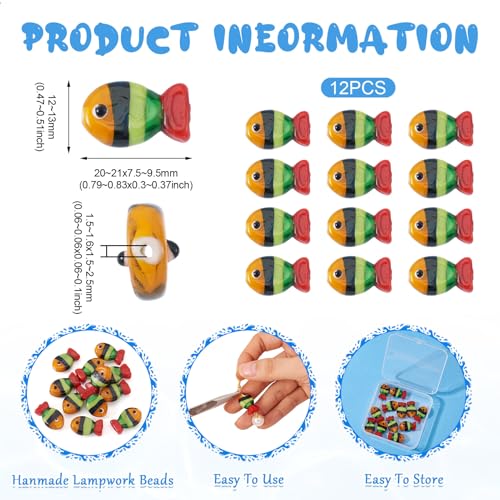 Pandahall 12Pcs Lampwork Striped Fish Glass Beads Handmade 3D Cute Cartoon Fish Beads 20x12mm Crystal Ocean Sea Animal Bead Loose Spacer Bead for DIY Bracelet Necklace Earring Jewelry Making (Red)