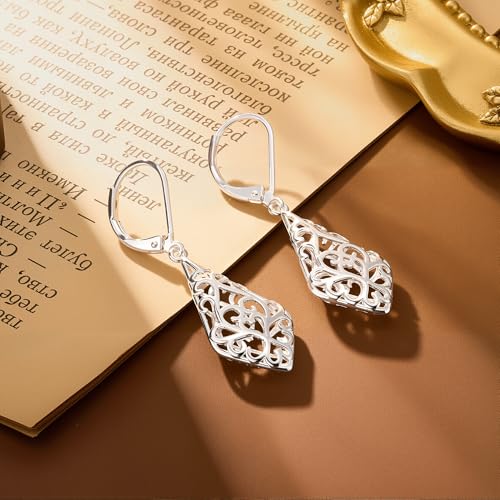 925 Sterling Silver Dangle Earrings for Women, 14K Gold Plated Filigree Dangling Leverback Earrings, Geometric Hypoallergenic Lightweight Dangly Drop Earings for Women Trendy Jewelry Gifts - color: A-Silver