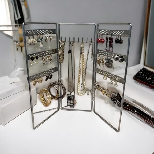 Jewelry Holder, Jewelry Organizer, folding 3 piece Jewelry Display Stand with Metal Frame, Necklace Earring Bracelet Holder, for Studs, Rings, Gift Idea, Gold, Silver, Black Color (SILVER) - color: SILVER