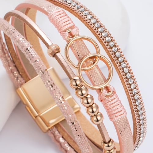 FANCY SHINY Mothers Day Gifts Boho Leather Wrap Bracelet Stackable Infinity Chunky Cuff Bracelets Western Hippie Outfits Jewelry Valentine Gifts for Women - color: Shiny Pink
