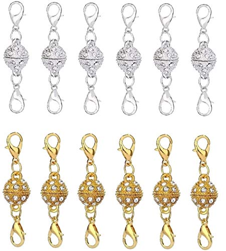Aiskaer 12 Pcs Gold and Silver Rhinestone Ball Style Magnetic Lobster Clasp for Jewellery Necklace Bracelet