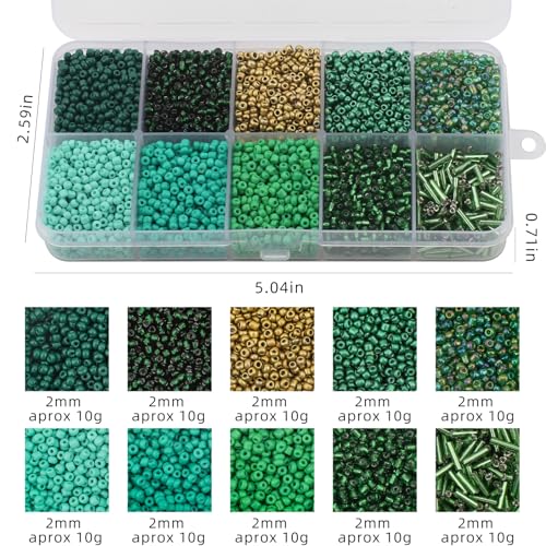 Approx 5000pcs 12/0 Glass Seed Beads for Jewelry Making, 2mm Mix 10 Colors Tube Beads Glass Bugle Beads Waist Beads Kit for Bracelets Necklaces Earrings DIY Supplies (Green) - color: Green