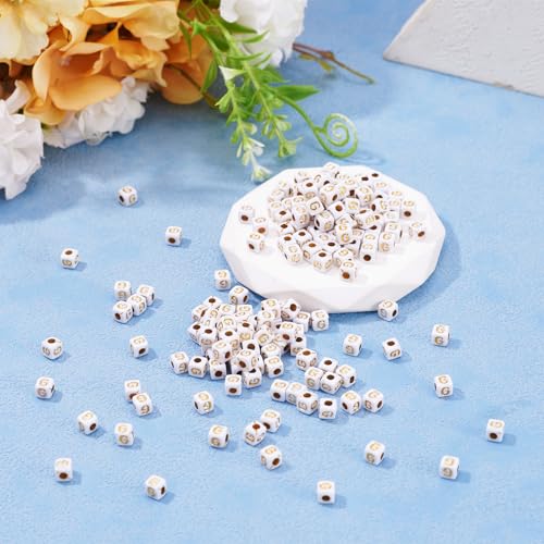 FASHEWELRY 500Pcs White Golden Letter Beads 4.5mm Square Alphabet Beads Acrylic Cube Letter G Beads for Friendship Bracelet Necklace Keychains Jewelry Making - color: Letter G