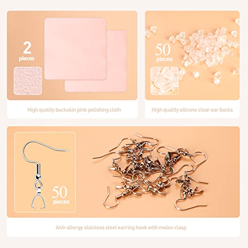 Stainless Steel Hypoallergenic Earring Hooks, 100 Pieces Earrings Making Kit, Earring Hooks with Pendant Clasp, Silicone Ear Backs and Polishing Cloth for Earrings Making DIY (Silver) (100)