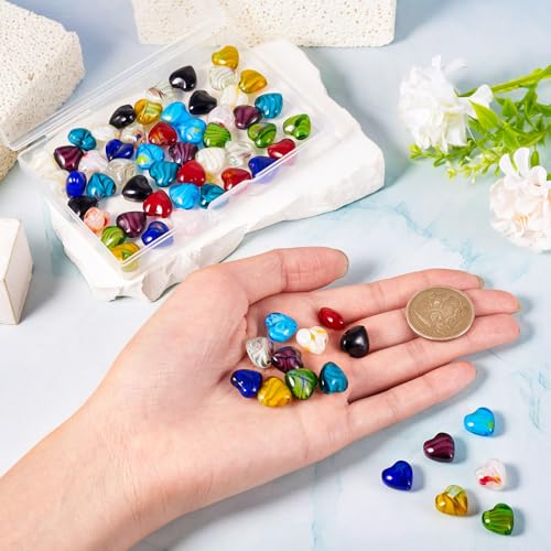 Cheriswelry 66Pcs Heart Pearlized Handmade Lampwork Glass Beads Crystal Glass Love Heart Loose Spacer Beads 11.5mm for DIY Craft Earirng Bracelet Necklace Jewelry Making - color: 11 Color-Heart