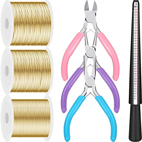 3 Rolls 18 20 22 Gauge Jewelry Wire for Jewelry Making with 3 Multi Purpuse Pliers and Ring Sizer, Tarnish Resistant Aluminum Beading Wire for Arts Crafts Making Supplies(Gold) - color: Gold
