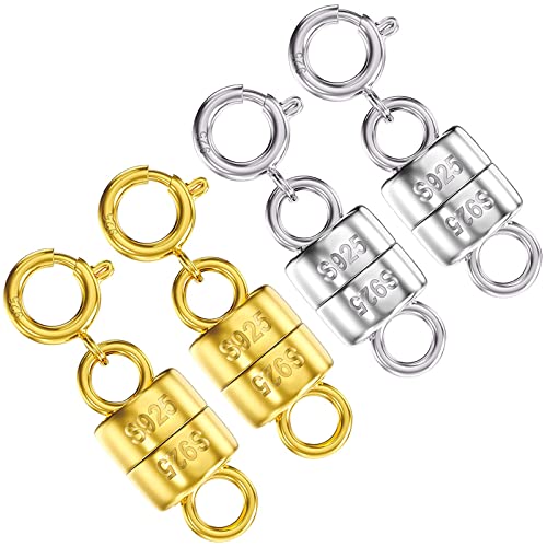 OHINGLT 925 Sterling Silver Magnetic Necklace Clasps and Closures,Gold and Silver Magnetic Clasp Converter for Jewelry Making Supplies,Chain Extender Connector for Small Necklace Bracelet - color: 4Pcs Gold & Silver