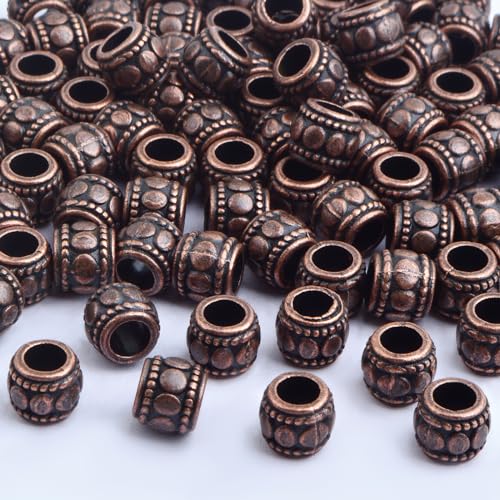 BronaGrand 100pcs Round Tube Spacer Beads Alloy Large Hole Column Beads Antique Red Copper Loose Charm Beads Accessories for DIY European Bracelet Necklace Jewelry Making, Hole: 4 mm - color: Red Copper