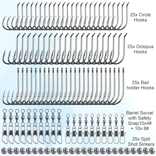 Fishing Hooks Swivel Sinker Set, 120Pcs Fishing Terminal Tackle Assortment Baitholder Octopus Circle Hooks Barrel Swivels Slipt Shot Sinker Weight Beads with Tackle Box