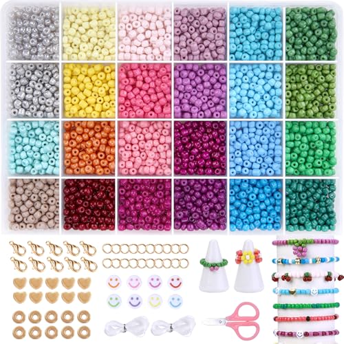 efivs arts 3500PCS 6/0 Glass Seed Beads, 24 Colors Small Beads Kit Bracelet Waist Beads Kit with Pendant Charms for DIY Crafts Necklace Ring Making - color: 24 Colors with Accessories